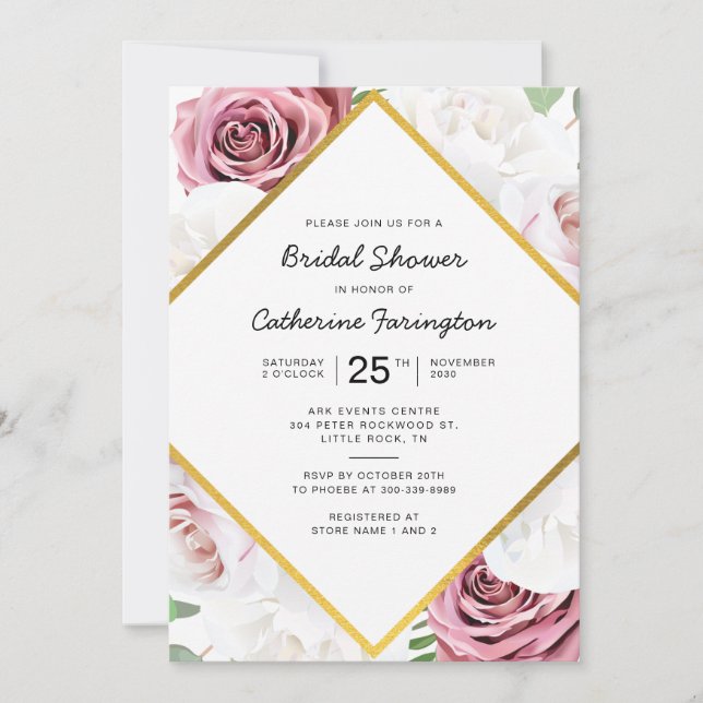 Invitación Ducha nupcial Marco Geométrico De Oro Floral Rosa (Anverso)