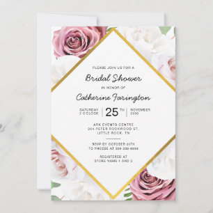 Invitación Ducha nupcial Marco Geométrico De Oro Floral Rosa