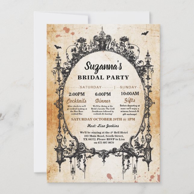 Invitación Ducha nupcial Marco gótico Itinerario Bachelorette (Anverso)