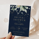 Invitación Ducha nupcial marina azul de oro eucalipto verde<br><div class="desc">Hermosa invitación a la ducha nupcial con agua de color eucalipto verde con acentos dorados sobre un fondo azul marino.</div>