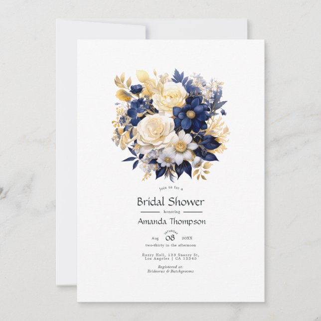 Invitación Ducha nupcial marina, blanca y dorada (Anverso)