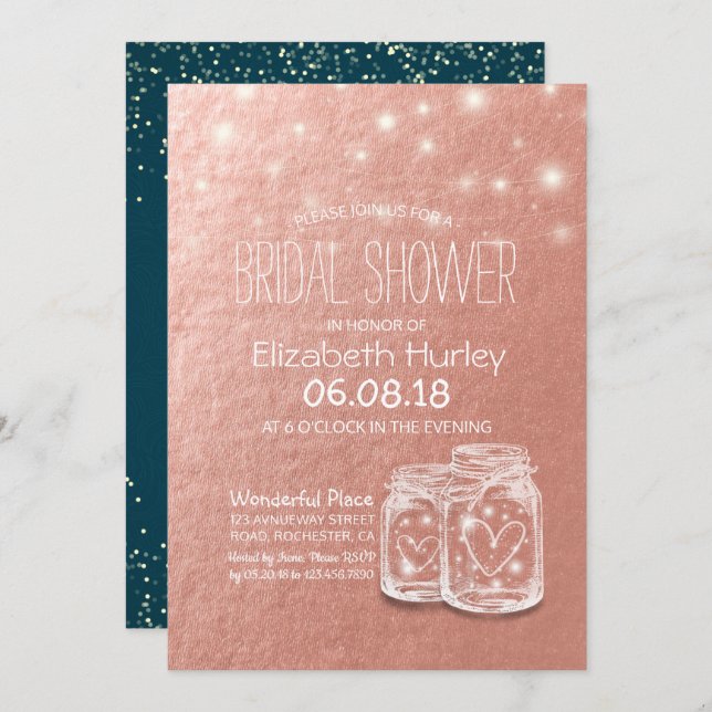 Invitación Ducha nupcial Mason Jars String Lights Rosa Gold I (Anverso / Reverso)