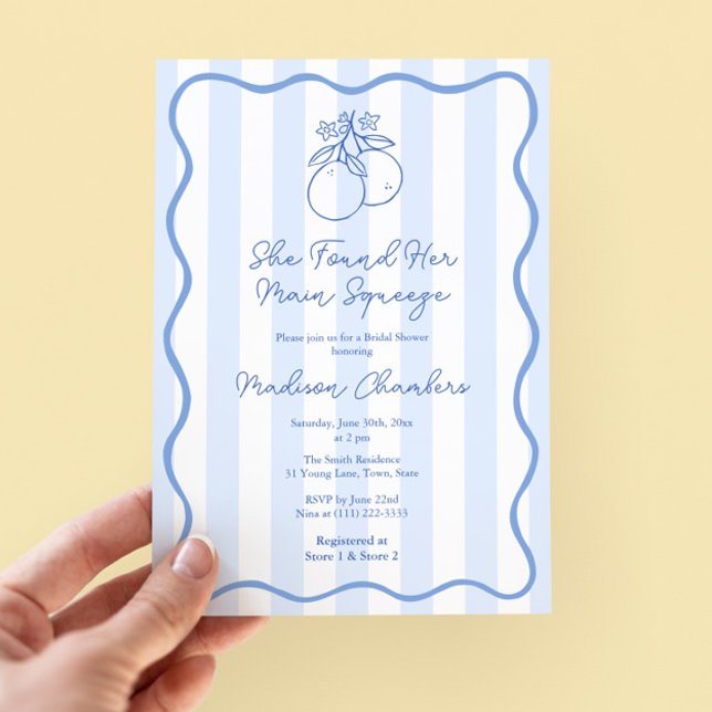 Invitación Ducha nupcial mediterránea azul dibujada a mano (Italian bridal shower invitation with wavy squiggle border & hand drawn oranges citrus illustration)
