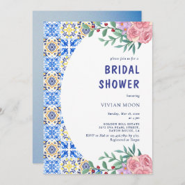 Invitación Ducha nupcial mediterránea de mosaico azul italian