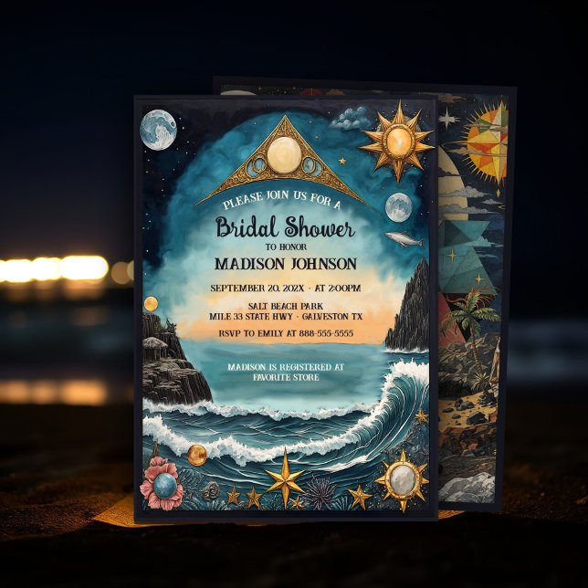 Invitación Ducha nupcial mística en el paisaje marino celesti (Mystical coastal bridal shower invitation with dark romance celestial aesthetic in an ocean collage.)