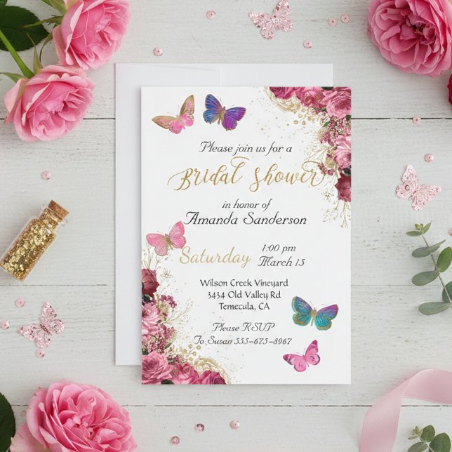 Invitación Ducha nupcial Moda mariposa rosa floral (Subido por el creador)