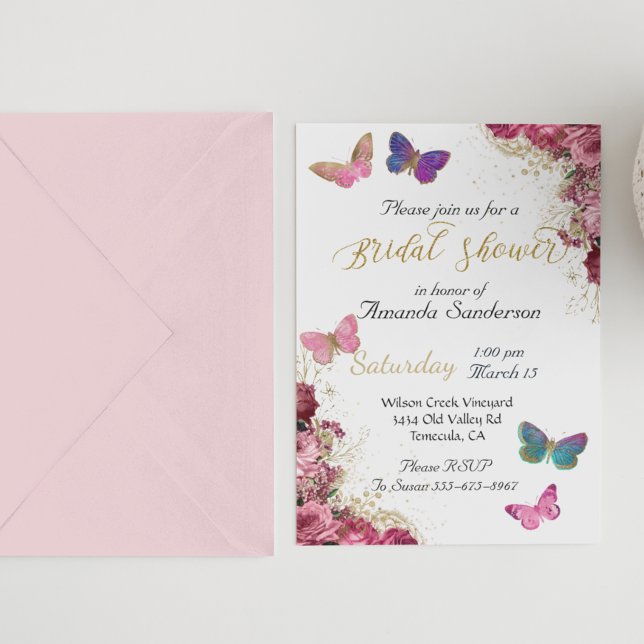 Invitación Ducha nupcial Moda mariposa rosa floral (Subido por el creador)