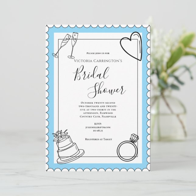 Invitación Ducha nupcial moderna azul blanco y negro (Anverso de pie)