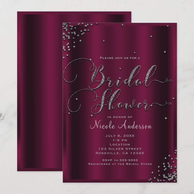 Invitación Ducha nupcial Moderna Burgundy Silver Confetti (Anverso / Reverso)