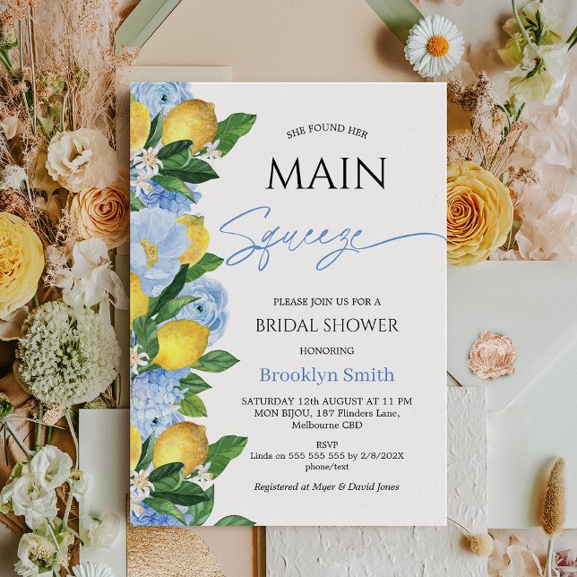 Invitación Ducha nupcial moderna con flores azules de limón (Lemon Bridal Shower Invitation Template, Blue Floral Lemon Bridal Shower, She Found her Main Squeeze)