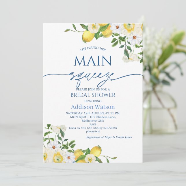 Invitación Ducha nupcial moderna con flores de limón floral a (Anverso de pie)