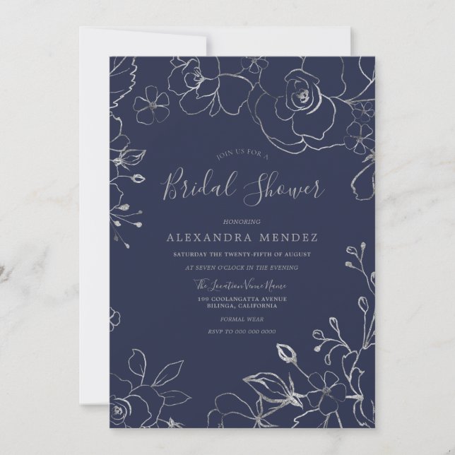 Invitación Ducha nupcial moderna con flores de plata y marina (Anverso)