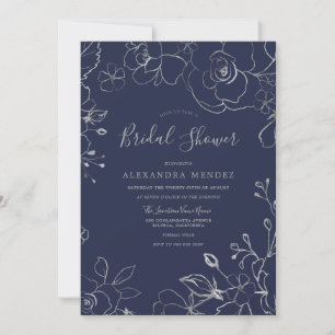 Invitación Ducha nupcial moderna con flores de plata y marina