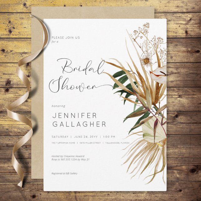 Invitación Ducha nupcial moderna de Boho blanco seco con flor (Modern White Boho Dried Floral Bridal Shower Invitation)