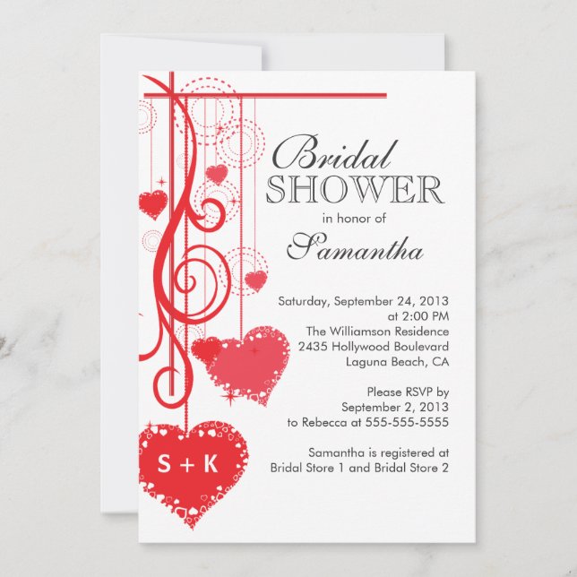 Invitación Ducha nupcial moderna de corazones rojos colgados (Anverso)