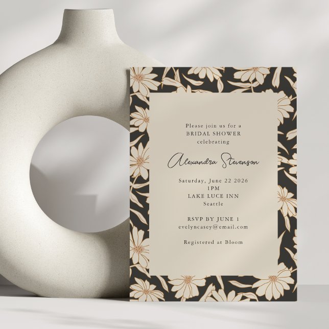 Invitación Ducha nupcial moderna de marfil negro botánico (Subido por el creador)