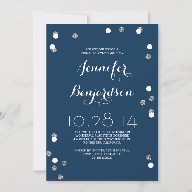 Invitación Ducha nupcial moderna de Navy & Silver Confetti (Anverso)
