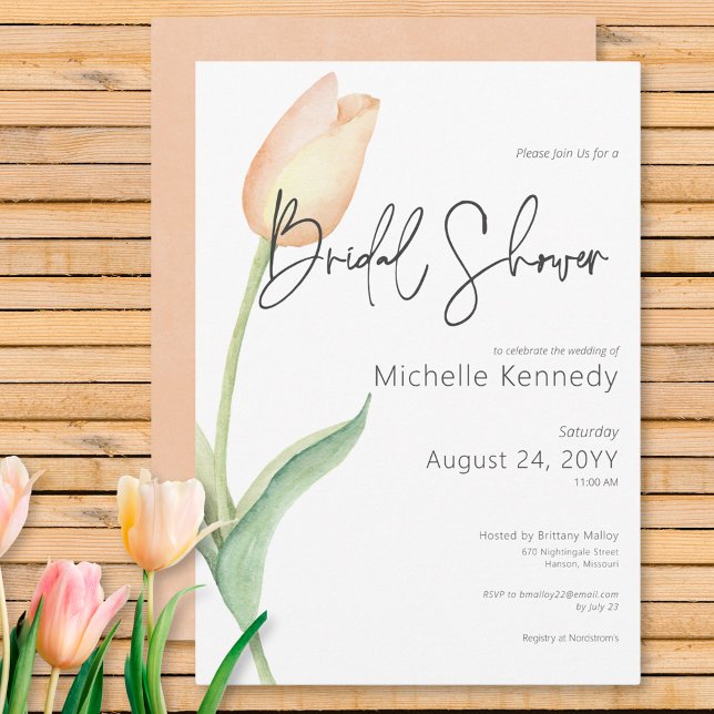Invitación Ducha nupcial moderna de tulipán solo (Modern Peach Tulip Solo Bridal Shower Invitation)