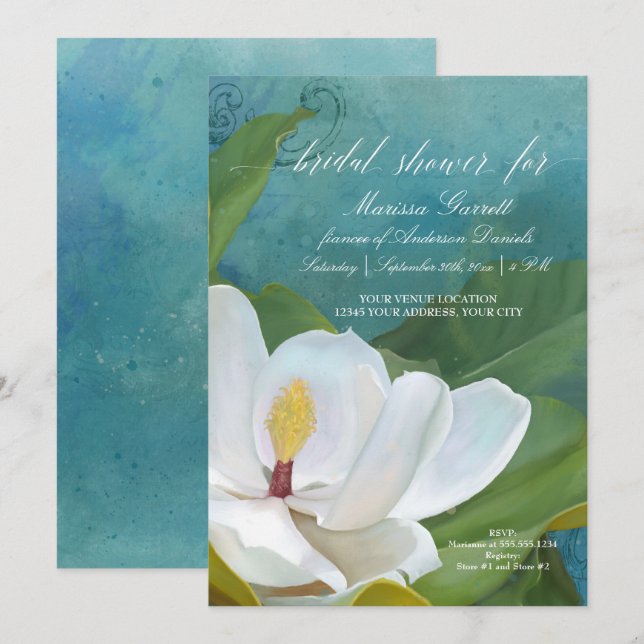 Invitación Ducha nupcial Moderna Elegante Magnolia Arte Flora (Anverso / Reverso)