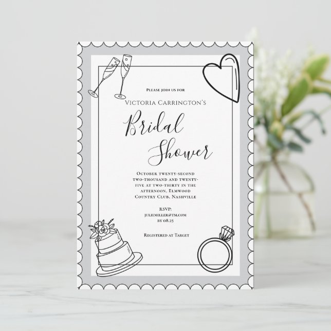 Invitación Ducha nupcial moderna en blanco y negro (Anverso de pie)