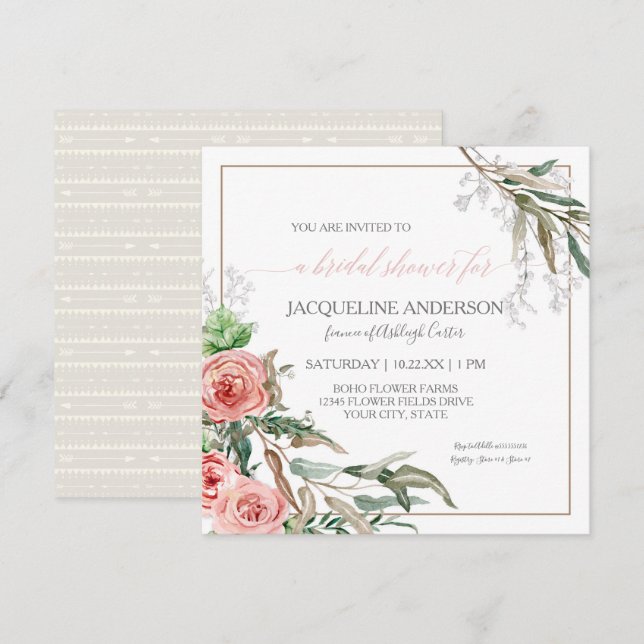 Invitación Ducha nupcial Moderna Floral BOHO Flores Acuarela (Anverso / Reverso)