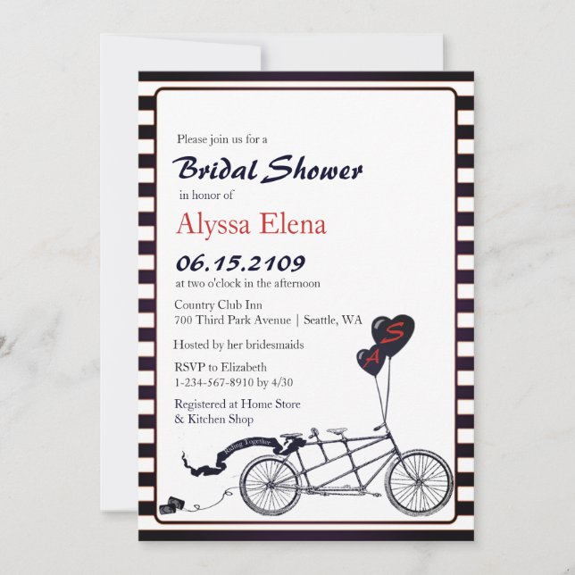 Invitación Ducha nupcial moderna para bicicleta dulce Tandem (Anverso)
