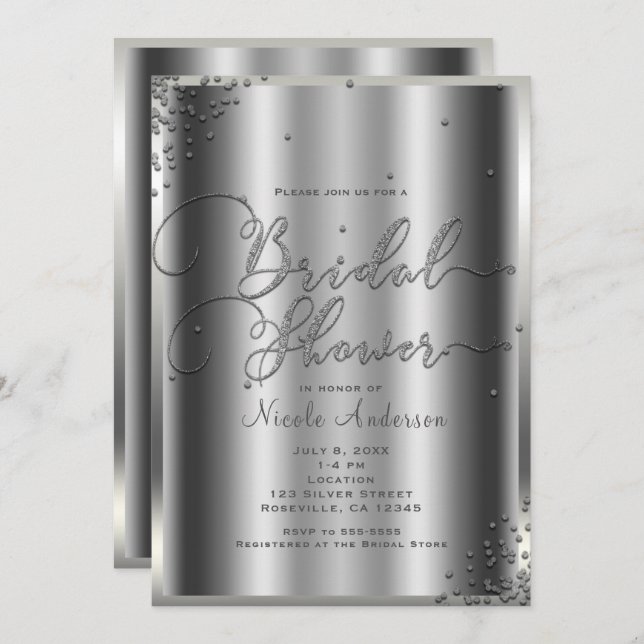 Invitación Ducha nupcial Moderna Plata Glam Confetti (Anverso / Reverso)
