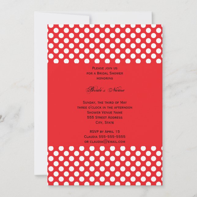 Invitación Ducha nupcial monogramada de polka blanca y roja (Anverso)