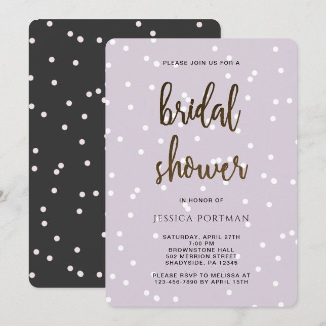 Invitación Ducha nupcial morada y gris con Bonito confetti (Anverso / Reverso)
