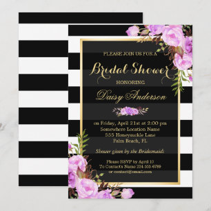 Invitación Ducha nupcial Morado Floral Tiras de marco dorado
