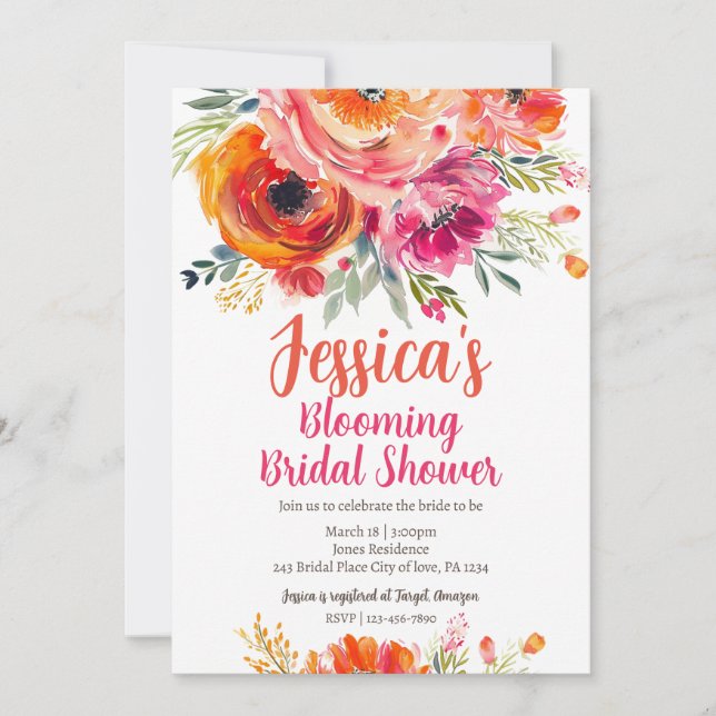 Invitación Ducha nupcial Naranja de verano y florines rosas (Anverso)
