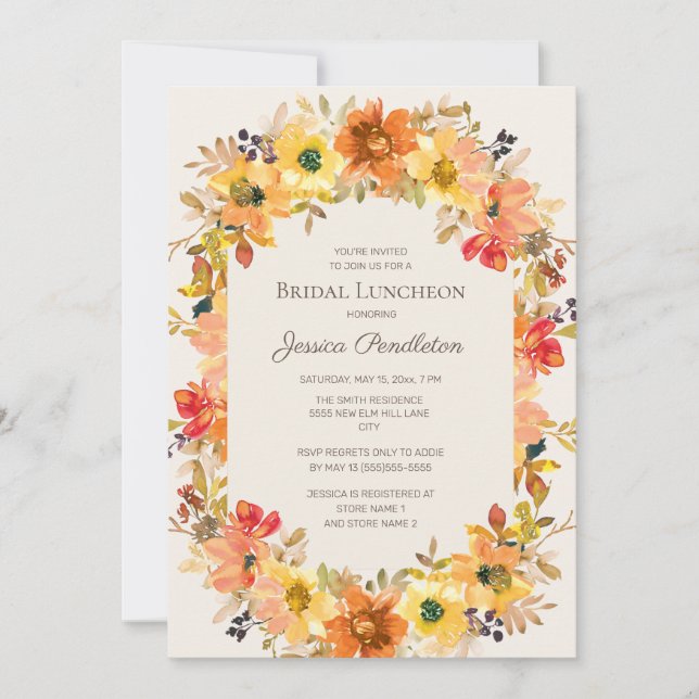 Invitación Ducha nupcial Naranja Luncheon Floral Fall Amarill (Anverso)