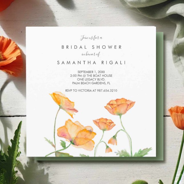 Invitación Ducha nupcial Naranja Poppies de acuarela floral (Floral bridal shower invitations watercolor orange poppies art by Victoria Grigaliunas DoTellABelle)