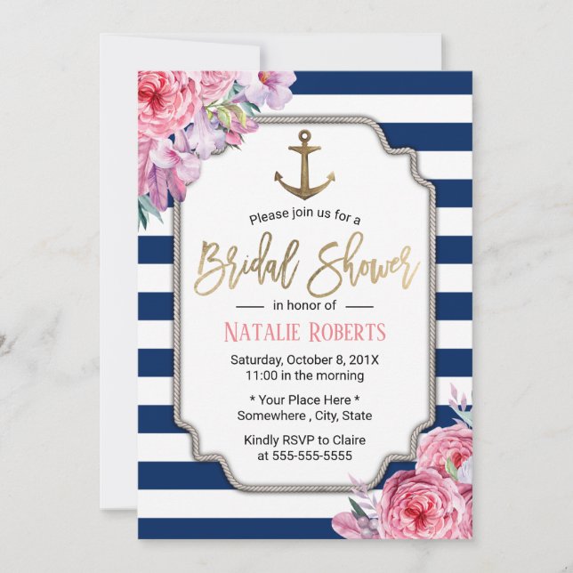 Invitación Ducha nupcial náutica correa de la marina floral r (Anverso)