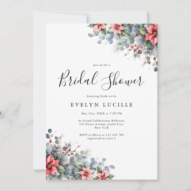 Invitación Ducha nupcial navideña con flores de invierno Poin (Anverso)