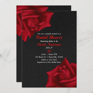 Invitación Ducha nupcial negra hermosa de los rosas rojos de