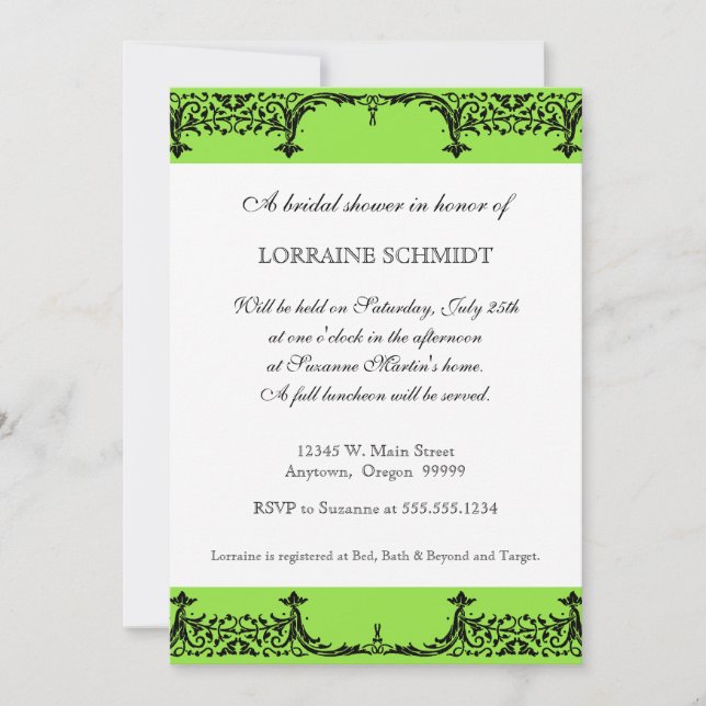 Invitación Ducha nupcial negra y blanca de Lis Damask (Anverso)