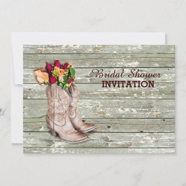 Invitación ducha nupcial occidental de madera de las botas de (Anverso)