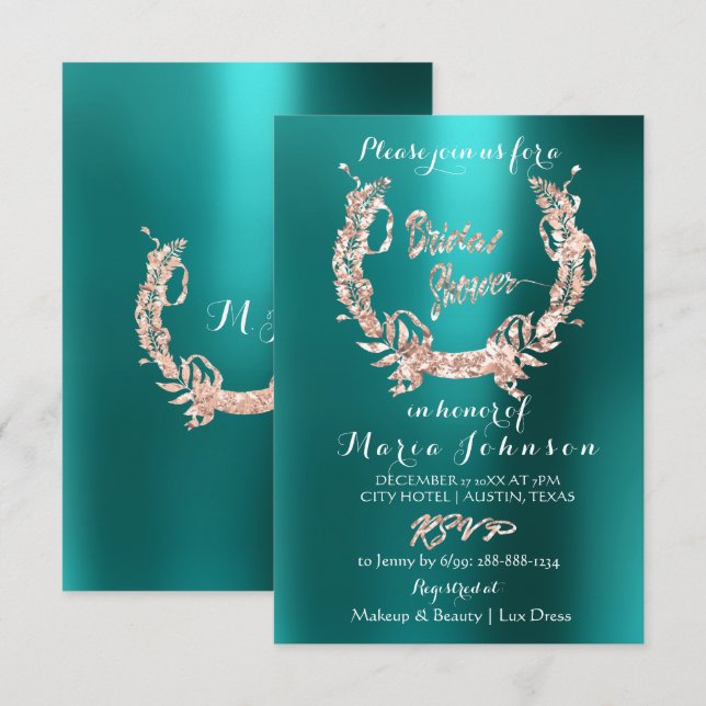 Invitación Ducha nupcial Olive Wreath Rosa Oro Acuático Verde (Anverso / Reverso)