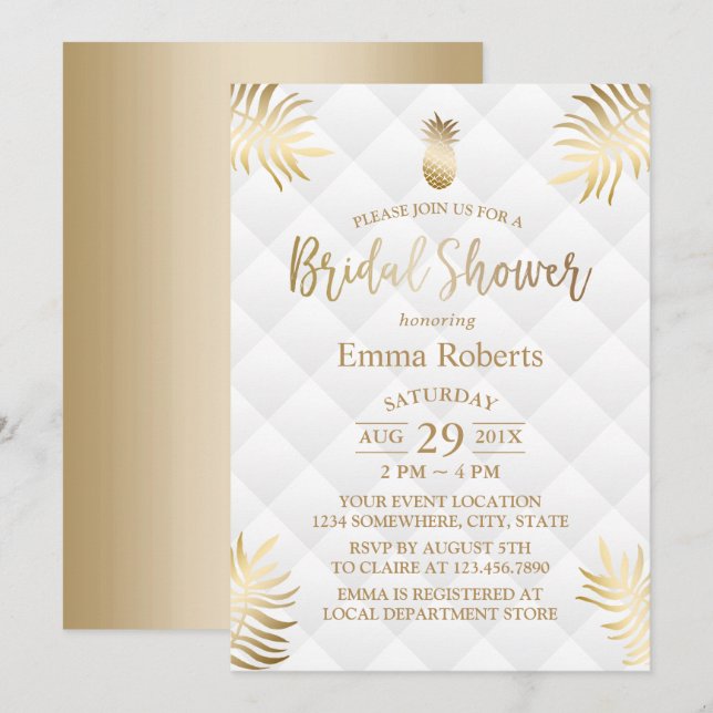 Invitación Ducha nupcial Oro Piña Elegante Tropical (Anverso / Reverso)