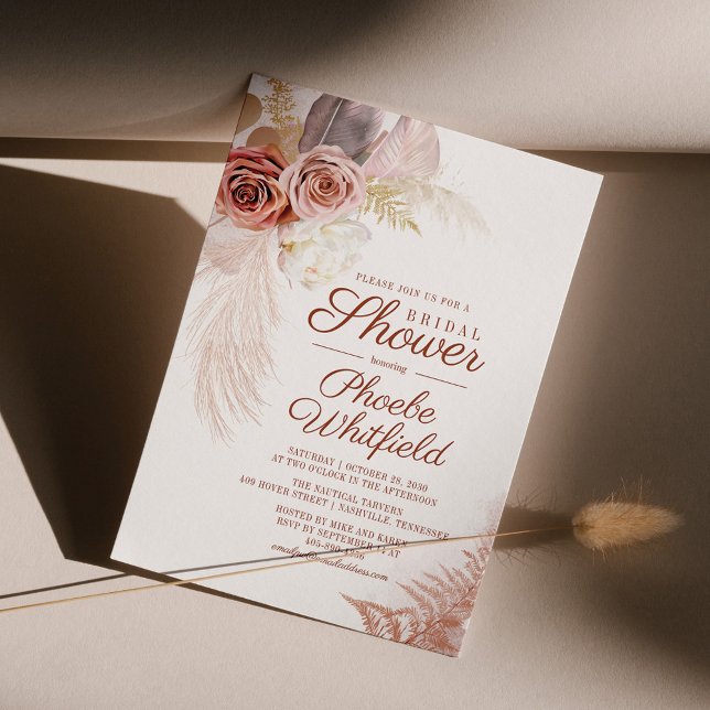 Invitación Ducha nupcial Pampas Grass Floral Terracotta (Pampas Grass Floral Terracotta Bridal Shower Invitation Front View)