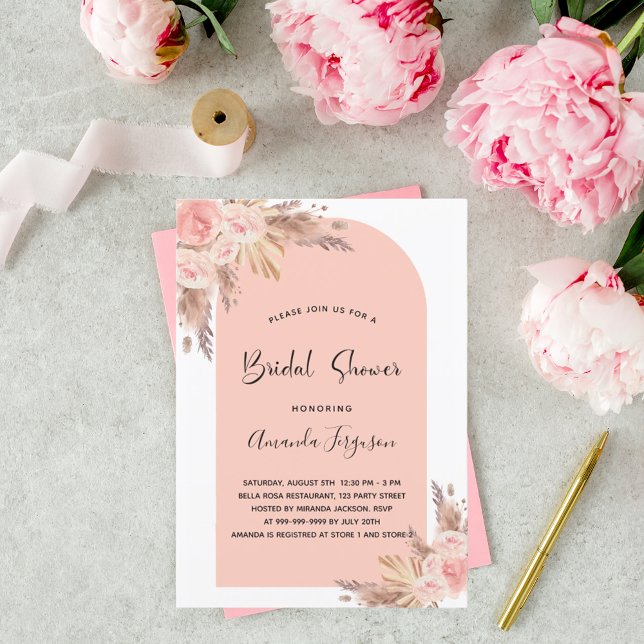Invitación Ducha nupcial pampas pasto rosa boho oro (Subido por el creador)