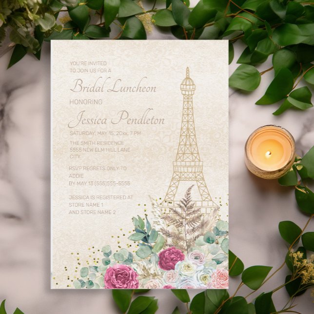 Invitación Ducha nupcial París Torre Eiffel Francesa Oro Rosa (Pink floral on cream-colored Paris/Eiffel Tower bridal luncheon invitation)