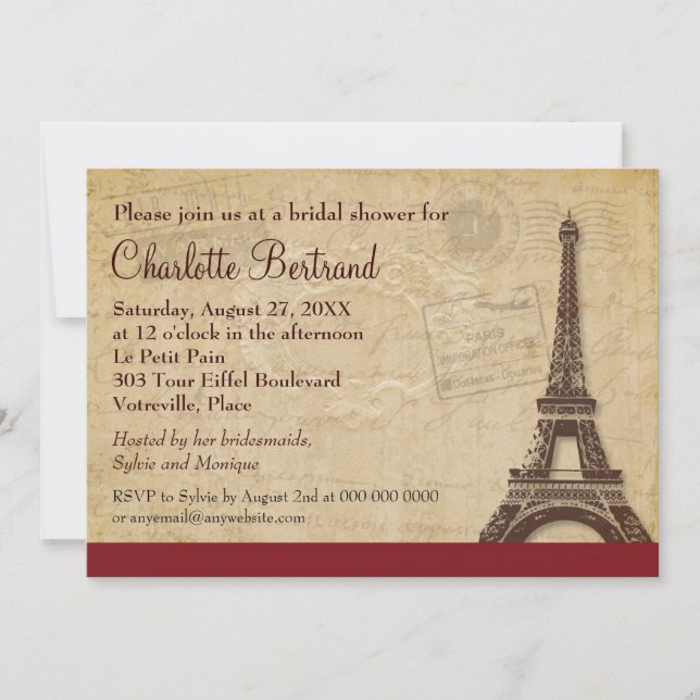 Invitación Ducha nupcial parisina de la Torre Eiffel (Anverso)