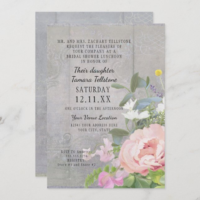 Invitación Ducha nupcial Peonia floral Rústica elegante (Anverso / Reverso)