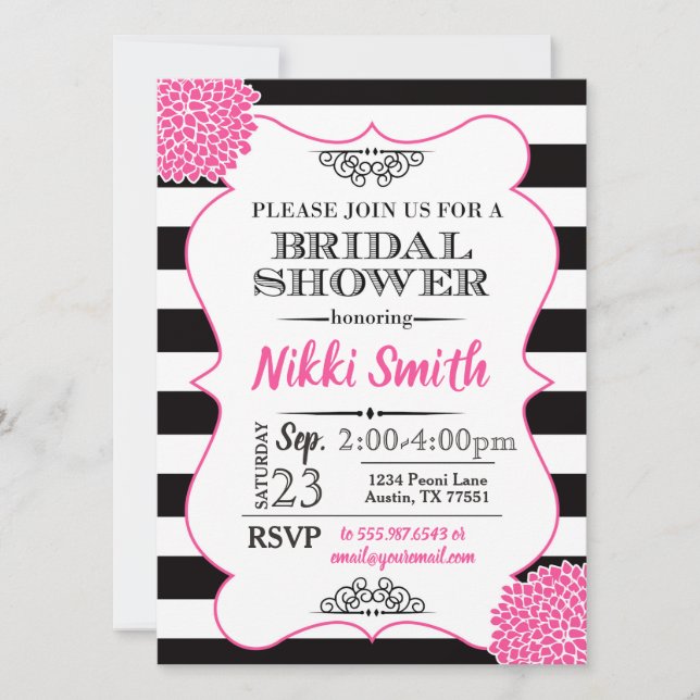 Invitación Ducha nupcial Peony Pink Hot Black White Strips (Anverso)