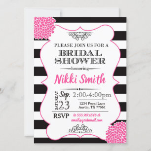 Invitación Ducha nupcial Peony Pink Hot Black White Strips