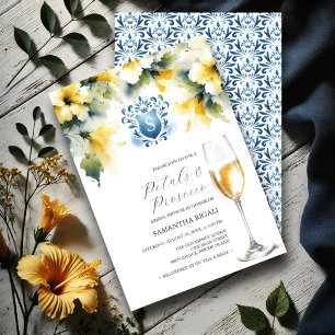 Invitación Ducha nupcial Petales azules y amarillos y Prosecc