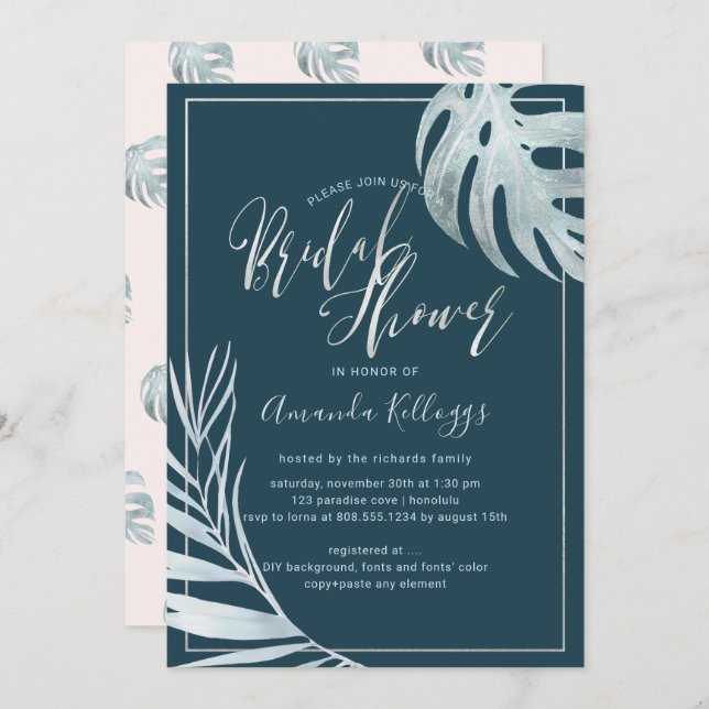 Invitación Ducha nupcial PixDezines Palms+Platinum (Anverso / Reverso)