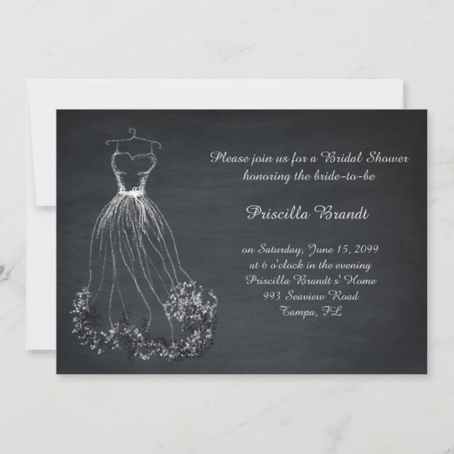 Invitación Ducha nupcial, pizarra, vestido de ensueño estiliz (Anverso)